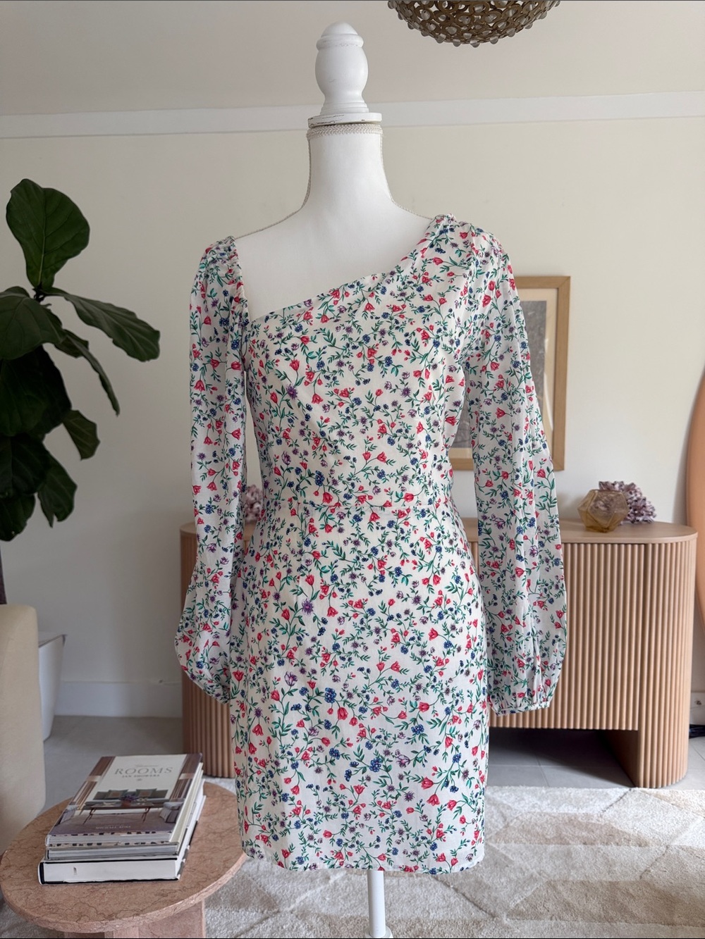 Lovers + Friends Cream One-Shoulder Mini Dress with Pink & Blue Floral Print